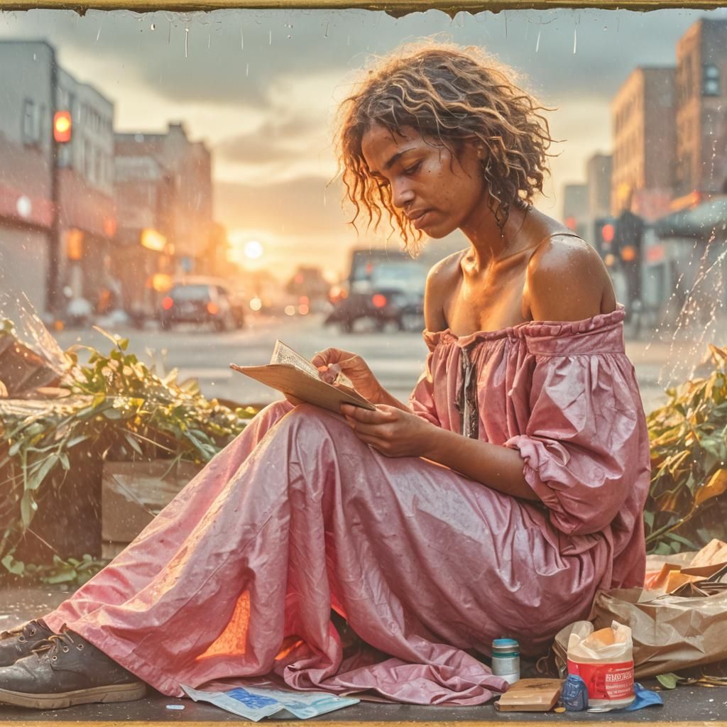 Joyful Homeless Girl in Golden Hour Rain