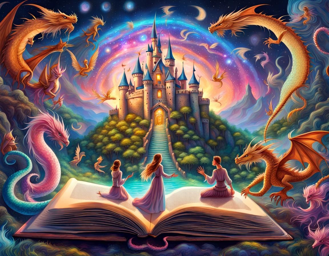 Grimm's Book Open to Fairy Tale Chatacters, Castle, Dragons ...