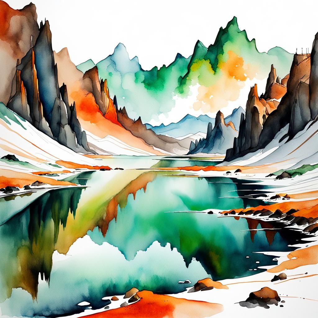 Abstract Landscape in Watercolor, a Modern Ink Painting