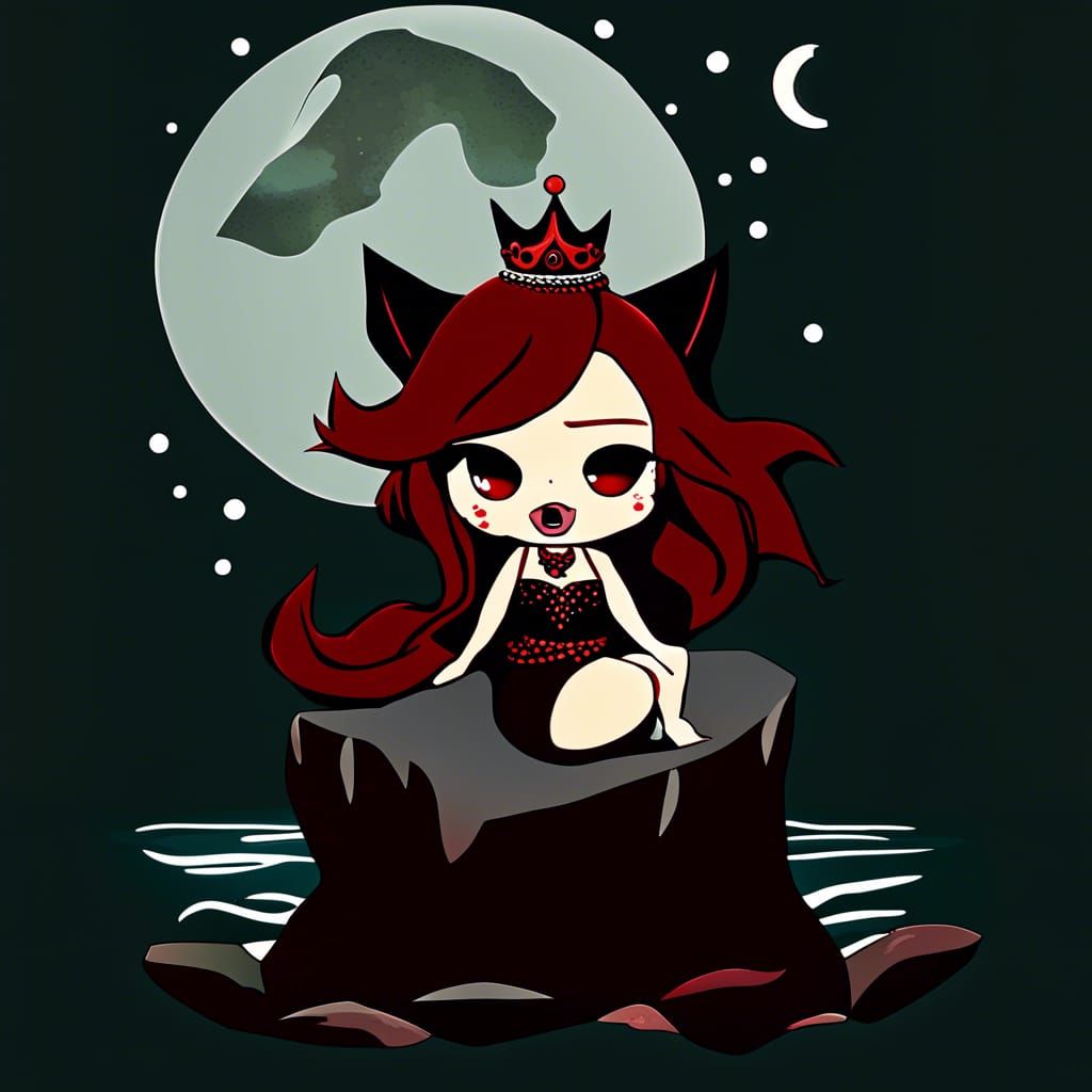 Chibi Siren Wolf Under Full Moon