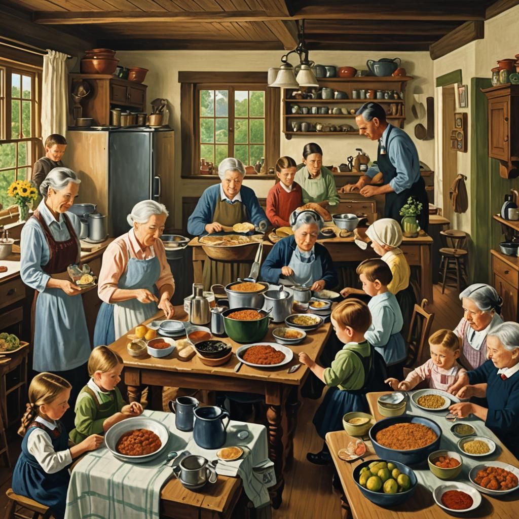 Family Meal in Warm Kitchen, Grandma Moses Style