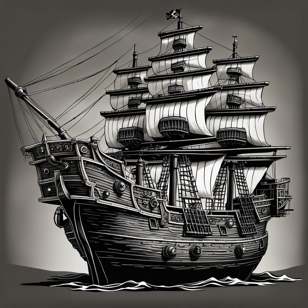 Detailed Cartoon Pirate Ship on Black Background