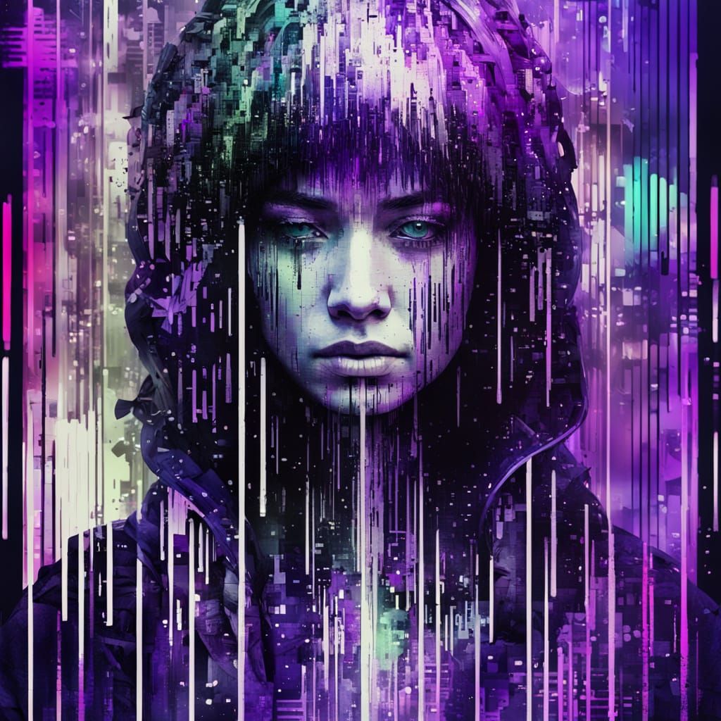 Neon Cyberpunk Portrait with Glitch Matrix Effect