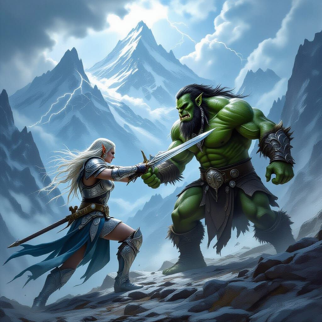 Elven Warrior Battles Orc on Mountain Trail in Stormy Sky