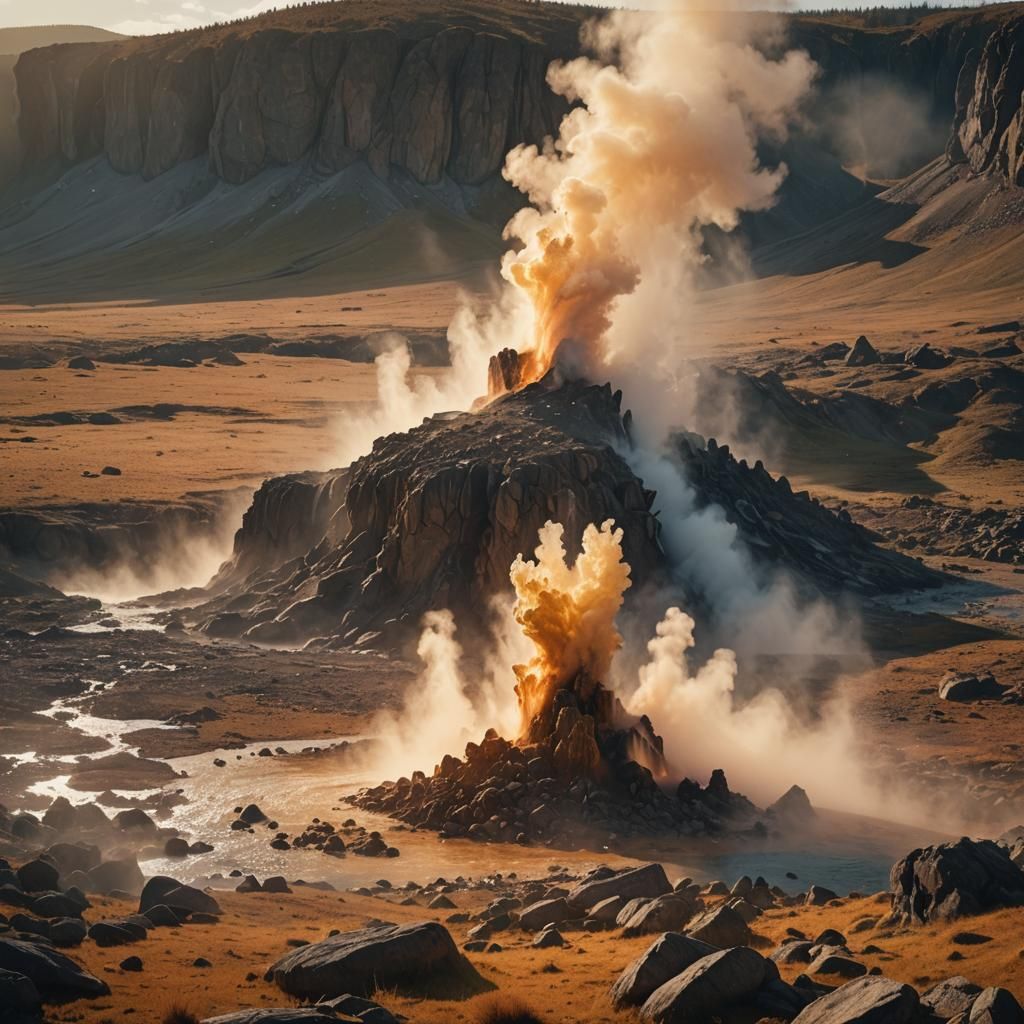 Geyser Eruption at Sunset: Cinematic Digital Landscape