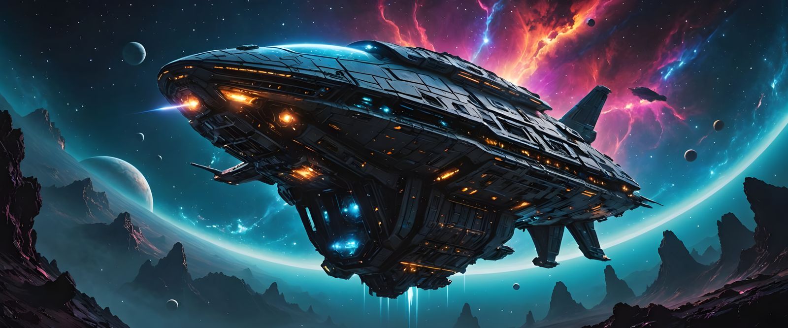 Bioluminescent Alien Spaceship Soaring Through Nebula