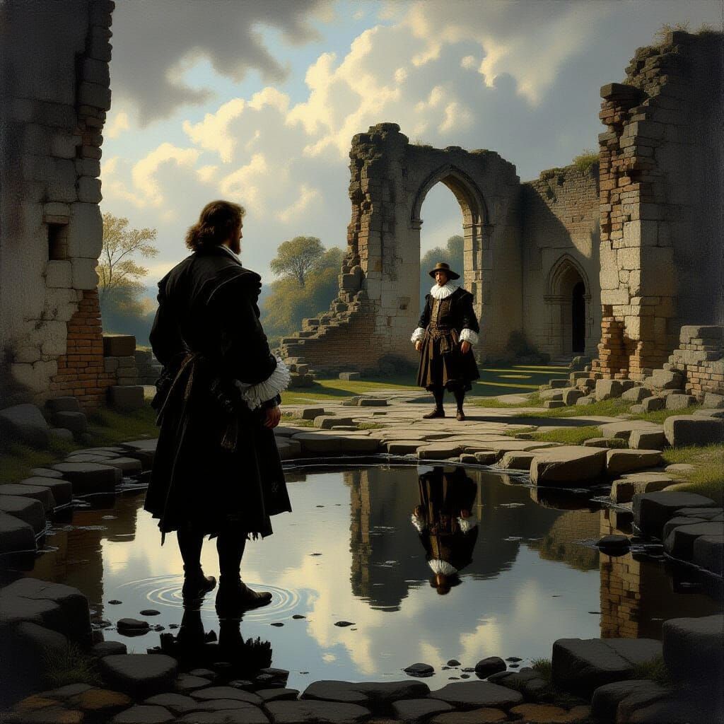 Man in Ruins Gazes at Reflection in Dark Pool