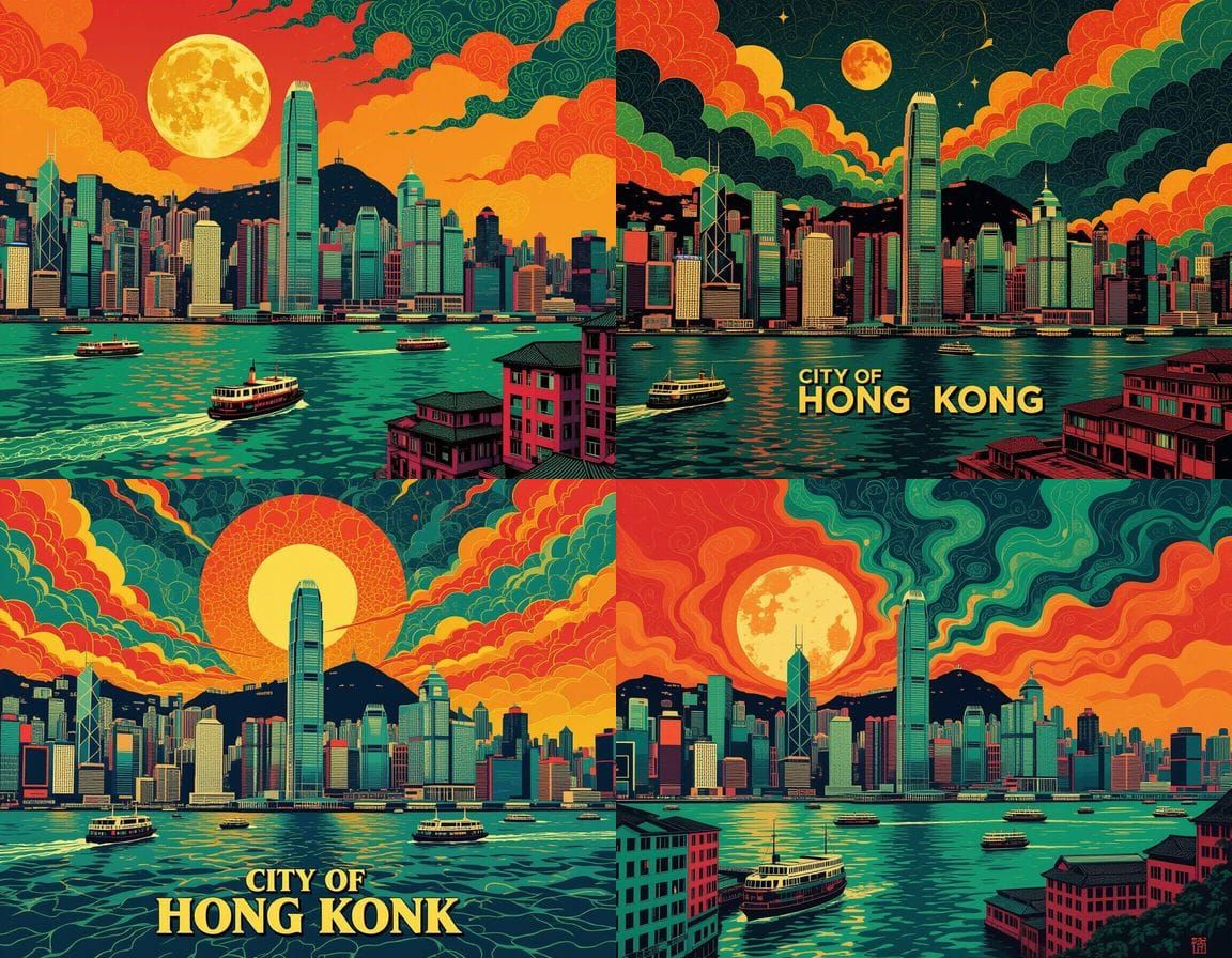 Hong Kong Cityscape in Psychedelic Art Nouveau Style
