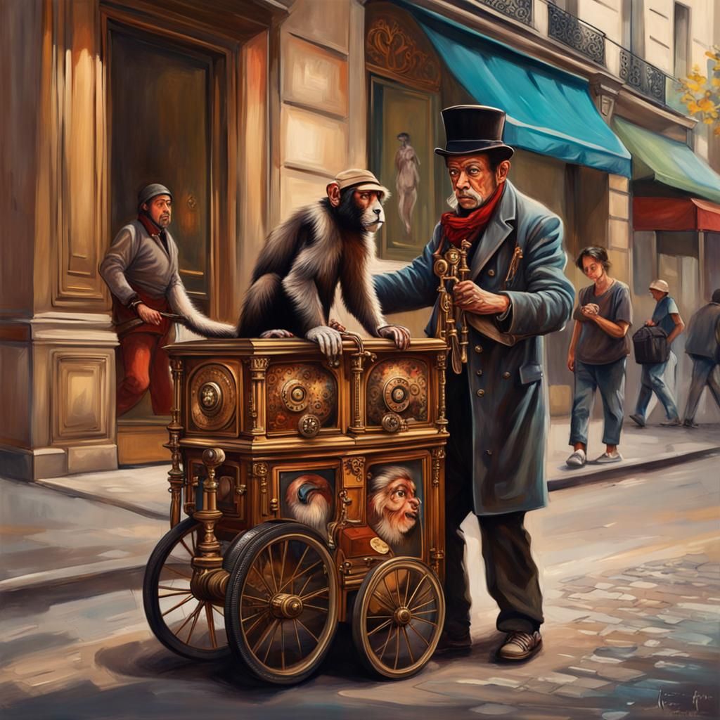 Parisian Street Performer and Monkey, Hyperrealistic Art