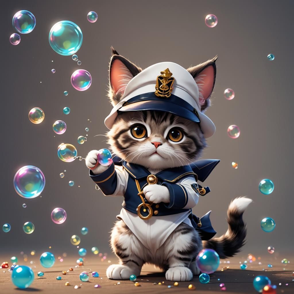 Chibi Cat in Sailor Costume Blowing Bubbles