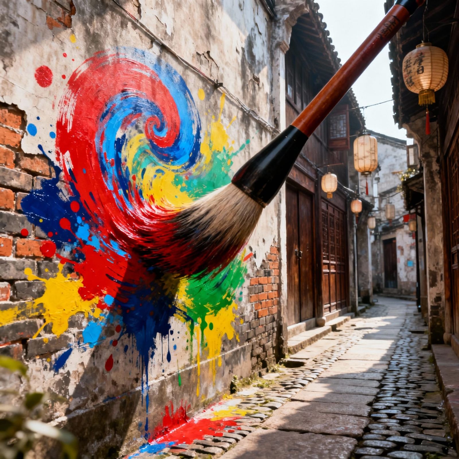 Giant Paint Brush Creates Abstract Art in Alleyway