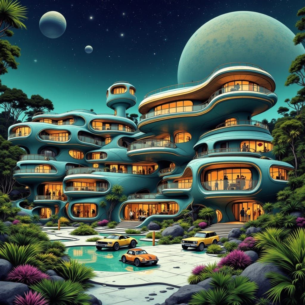Retro-Futuristic Apartment Complex on Jungle Planet