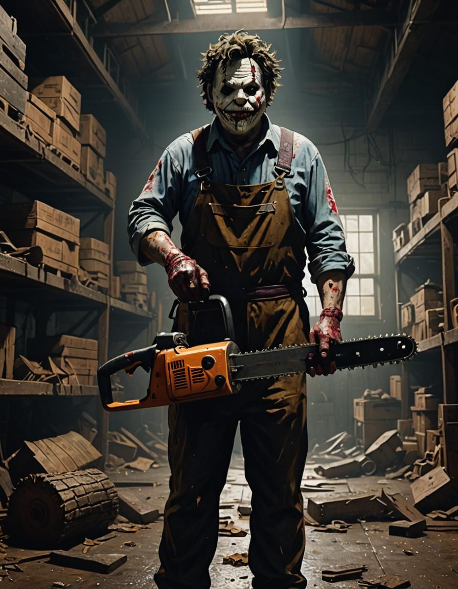 Leatherface with Chainsaw in Dark Warehouse