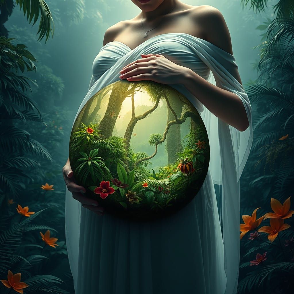 Serene Pregnant Goddess in a Luminous Rainforest