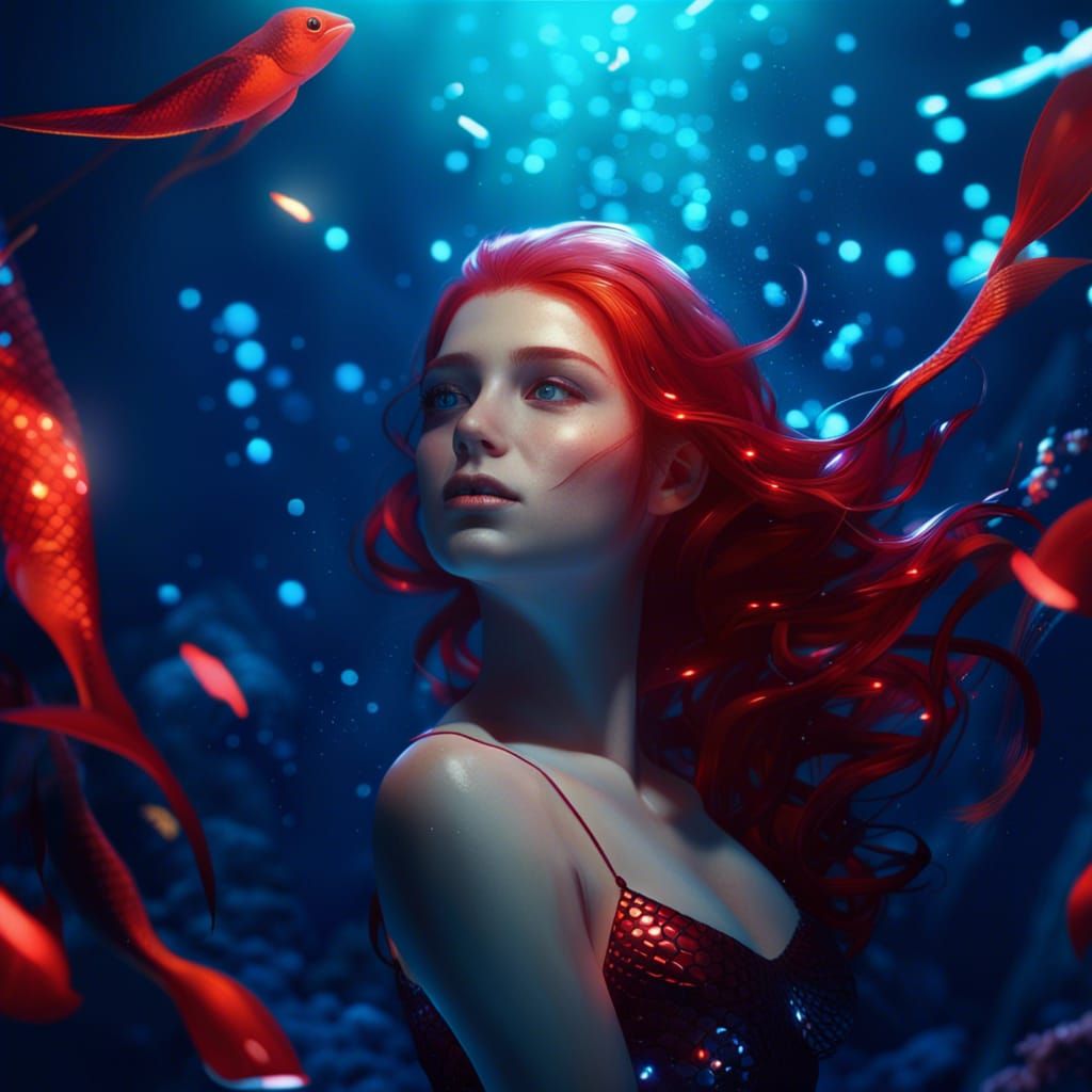 Crimson-Haired Mermaid in Underwater Diorama