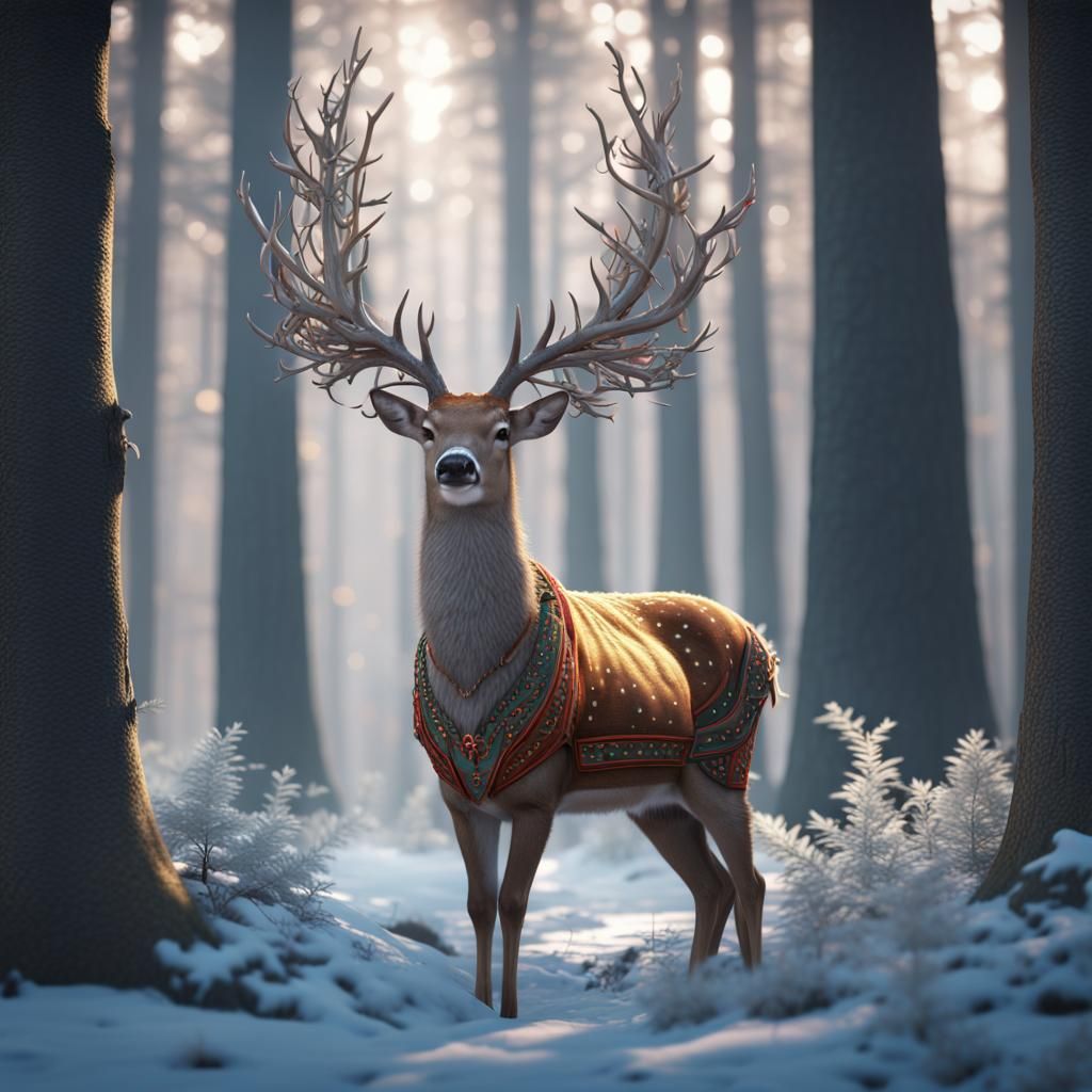 Deer in New Year Costume in Fairy-Tale Forest