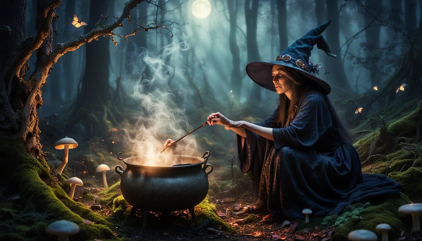 Mystical Witch in Forest Under Full Moon
