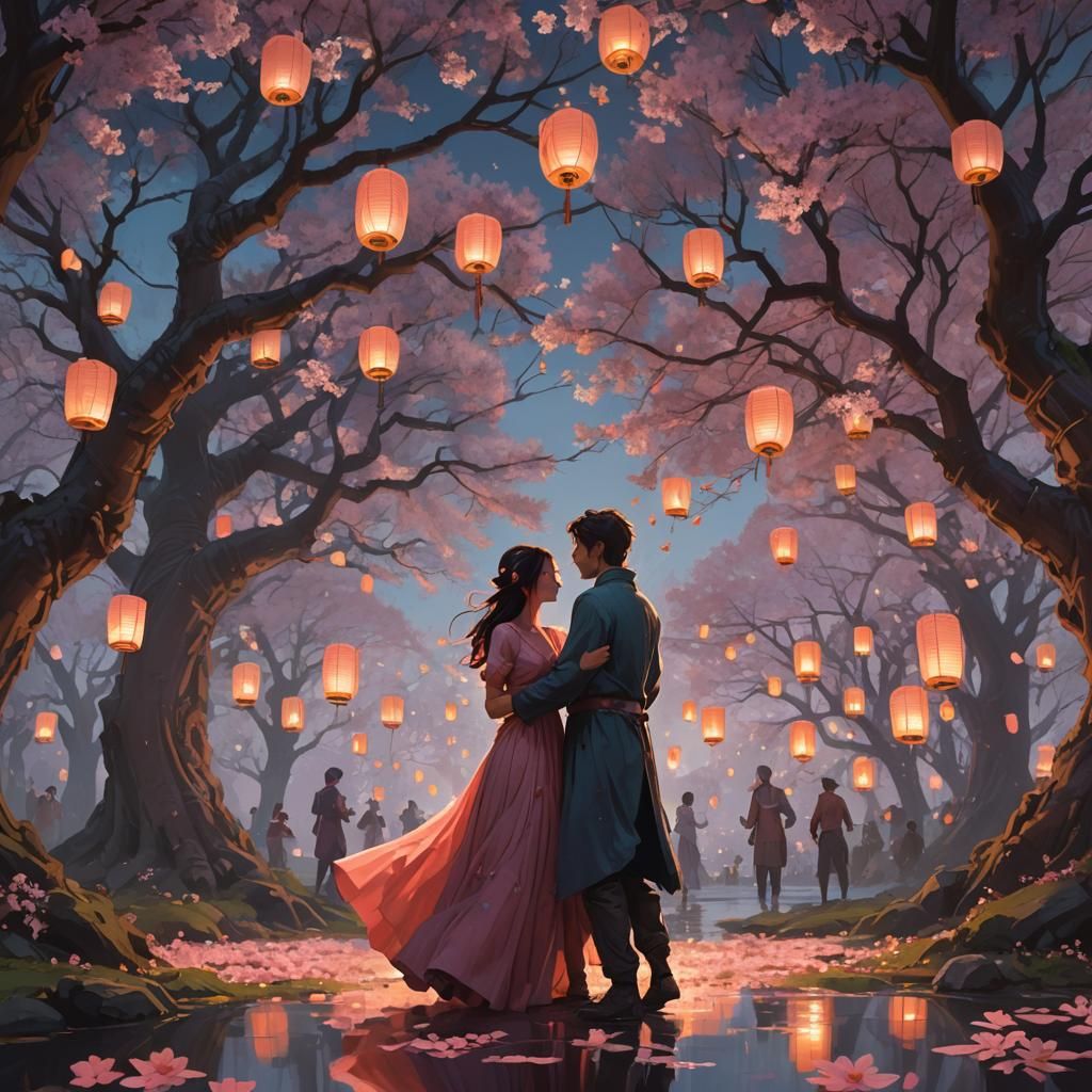 Celestial Lovers Dancing in a Twilight Garden