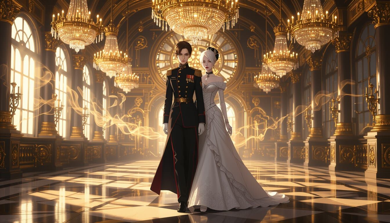 Androgynous Figure in Clockwork Ballroom, Painterly Anime St...