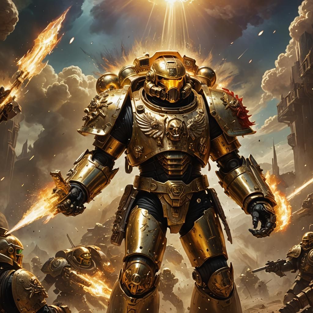 Golden Space Marine Reaching Out in Fiery Light