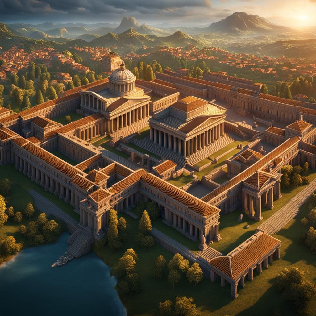 Isometric View of Roman Civilization at Sunrise