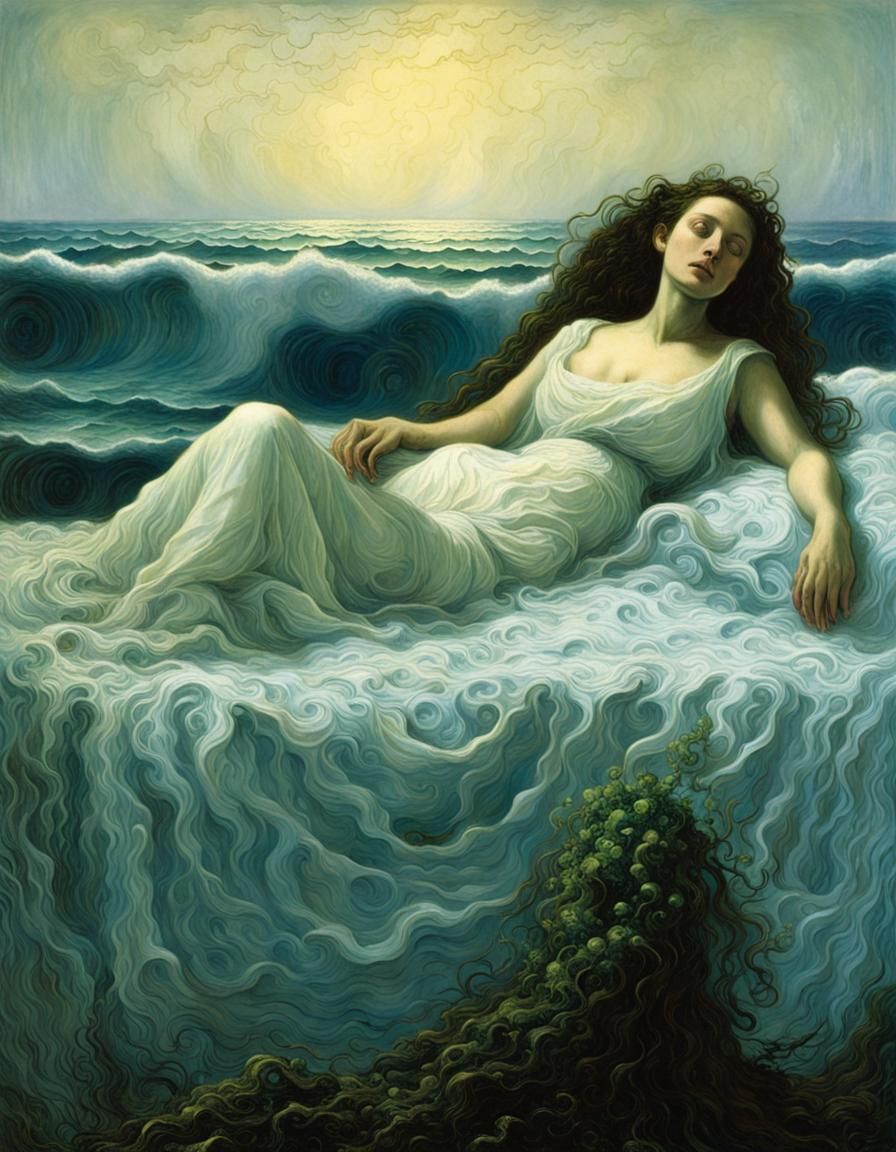 Ethereal Woman in a Dark Surrealist Ocean Dreamscape
