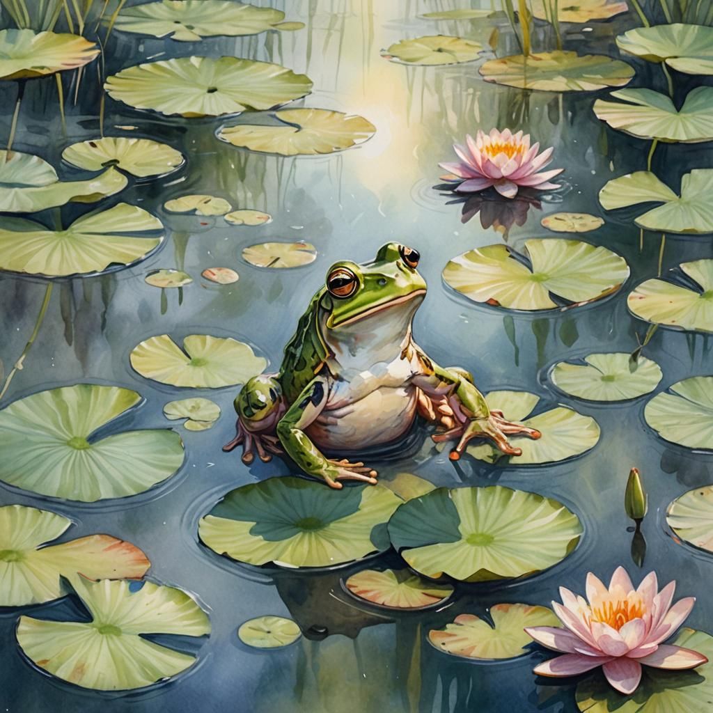 Frog Leaps on Lily Pad: Impressionist Watercolor
