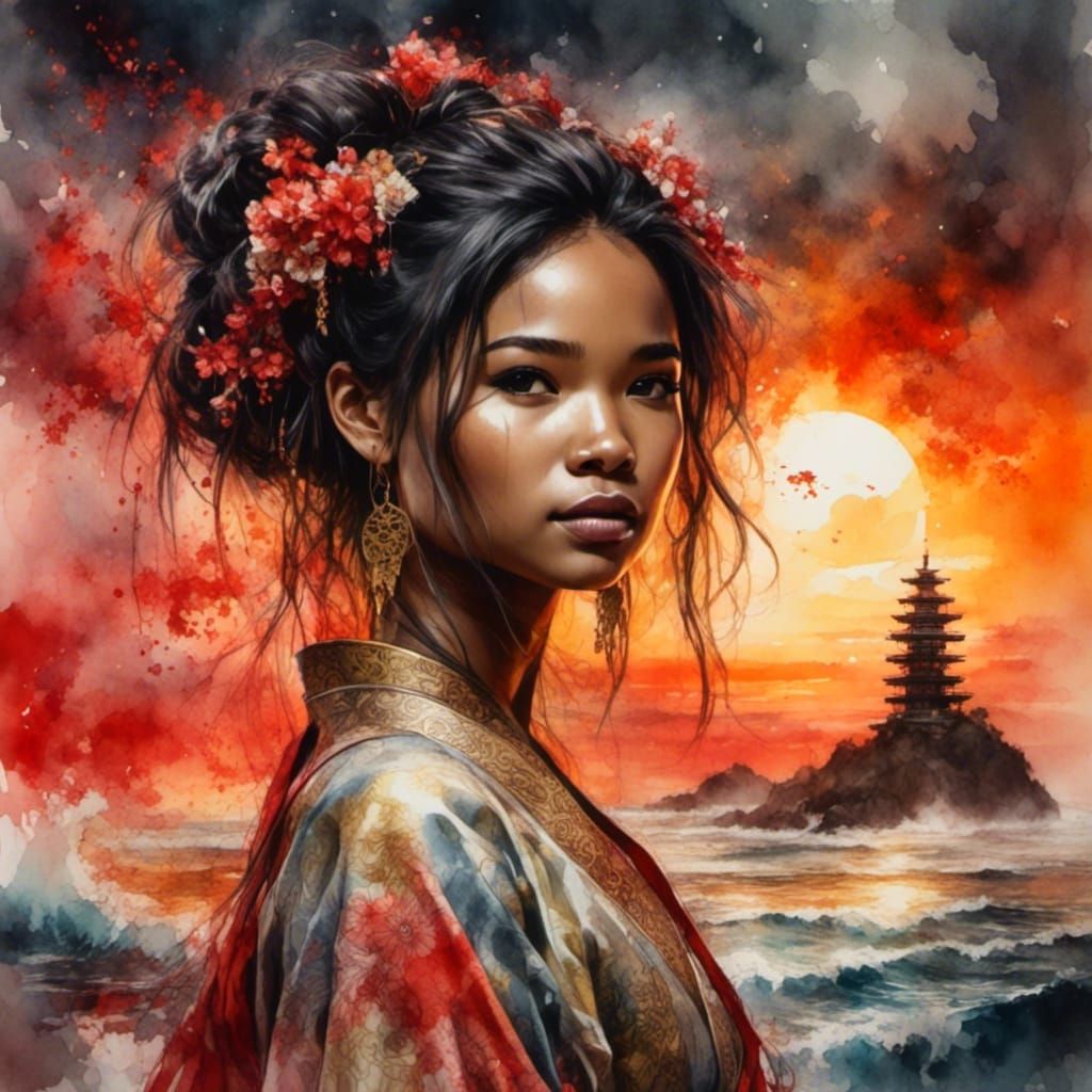 Japanese Princess in Kimono: Watercolour Beach Scene