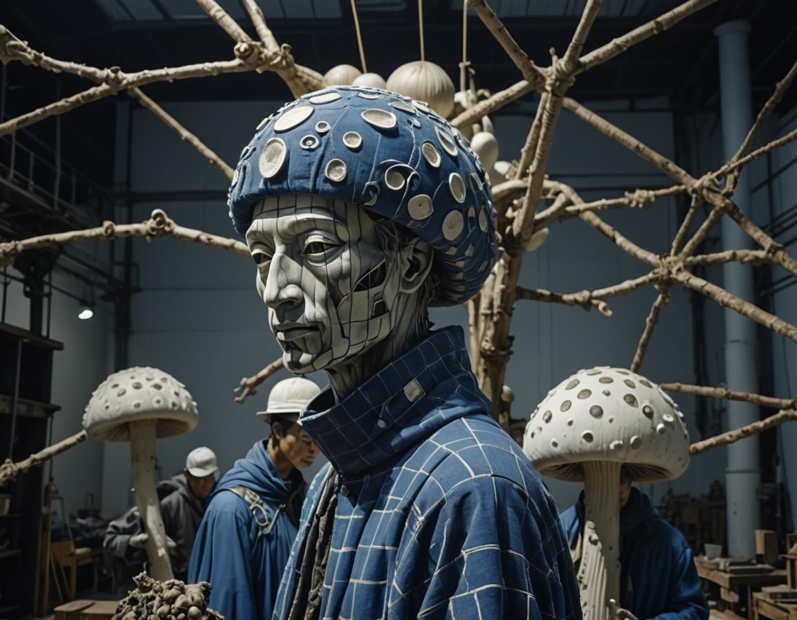 Surreal Mushroom Sculpture in Industrial Space