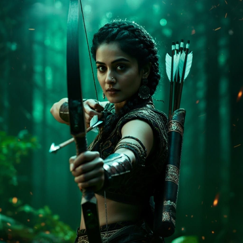 Neon Archer in Dark Forest, Hyperrealistic Fantasy Art