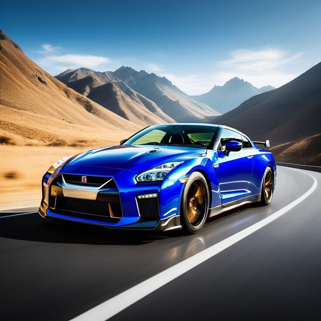 Sleek Midnight-Blue Nissan GTR R35 in High-Speed Drift on Mo...