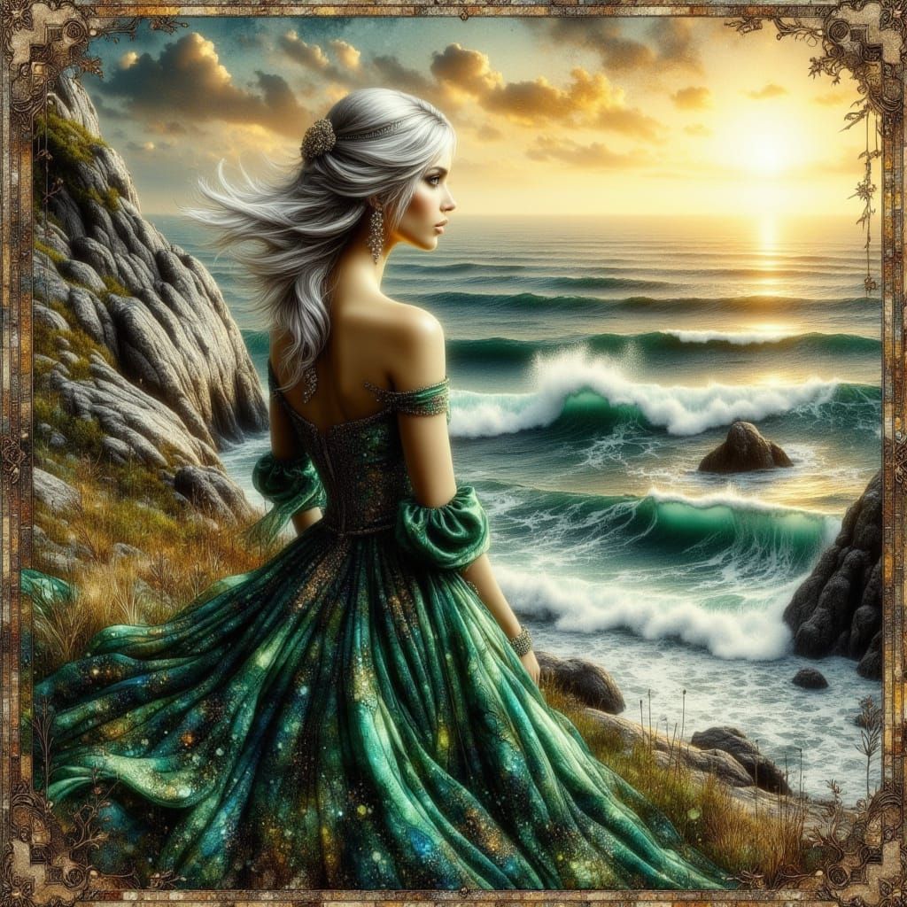 Woman on Cliff at Golden Hour, Mixed Media