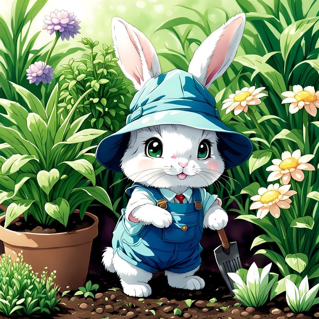 Baby Rabbit Gardener in Anime Style