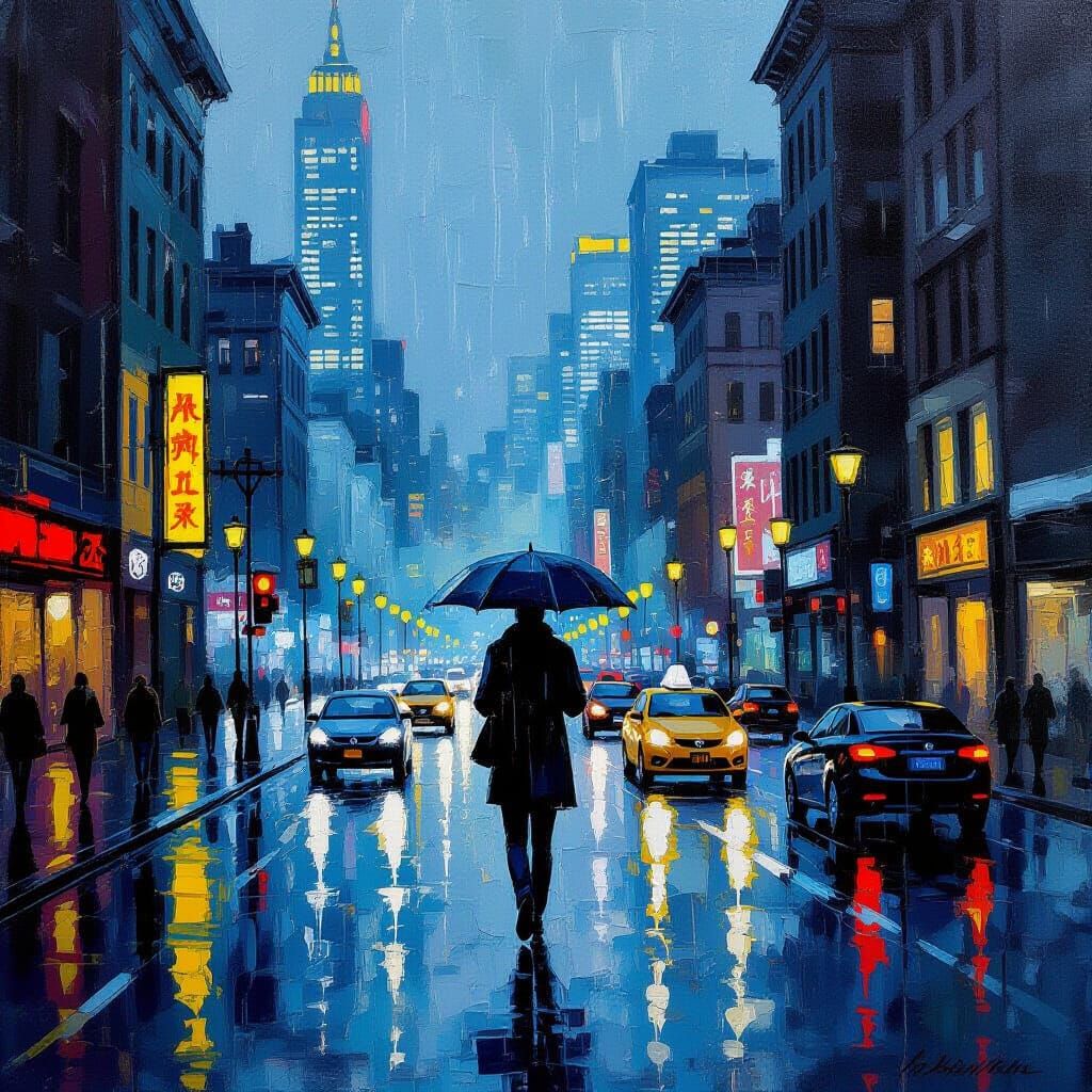 Rainy City Night: Solitude Amidst Urban Glow