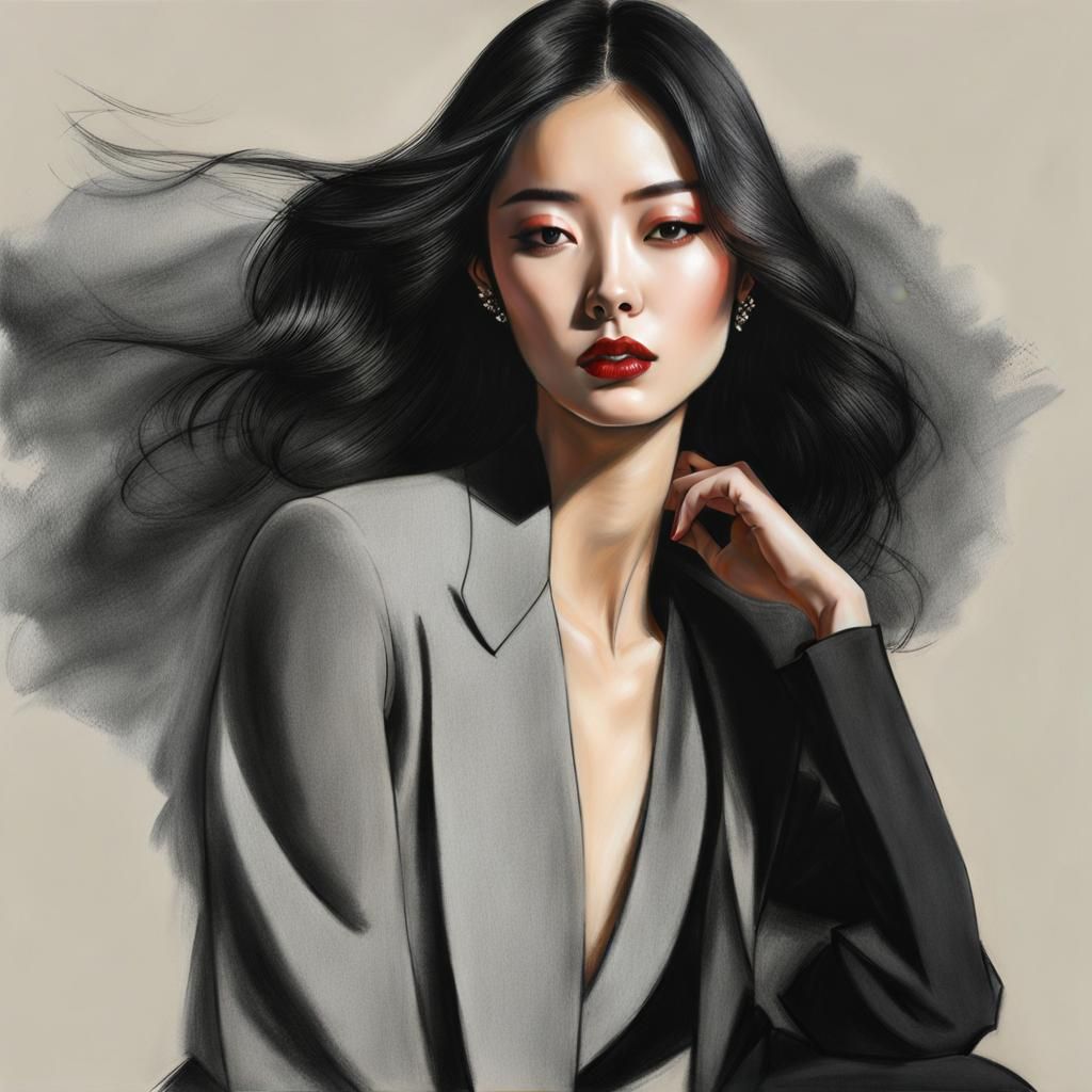 Korean Vogue Model in Pastel Charcoal Sketch