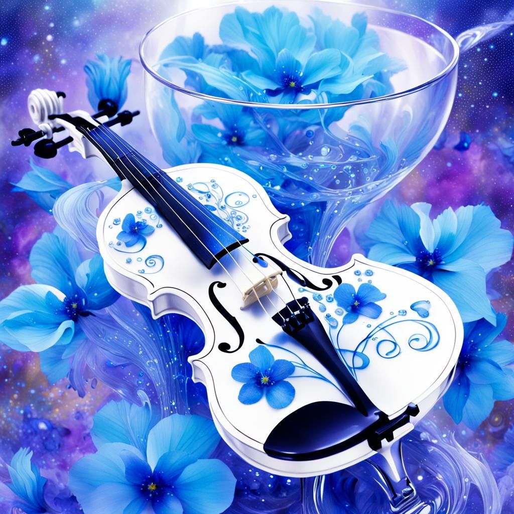 Astral Violin with Blue Flowers in Cosmic Illustration