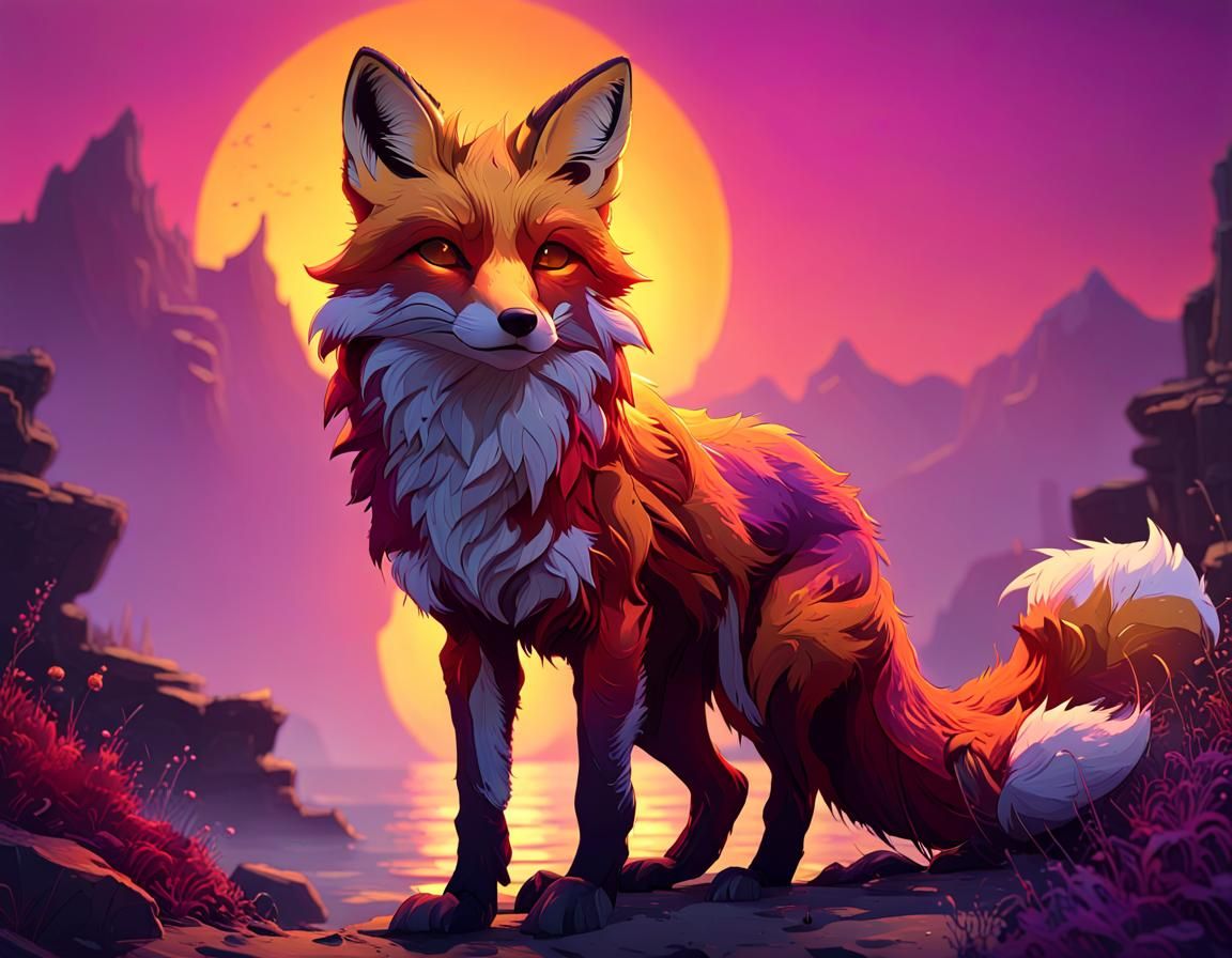 Red Sunset Fox in Dark Fantasy Style