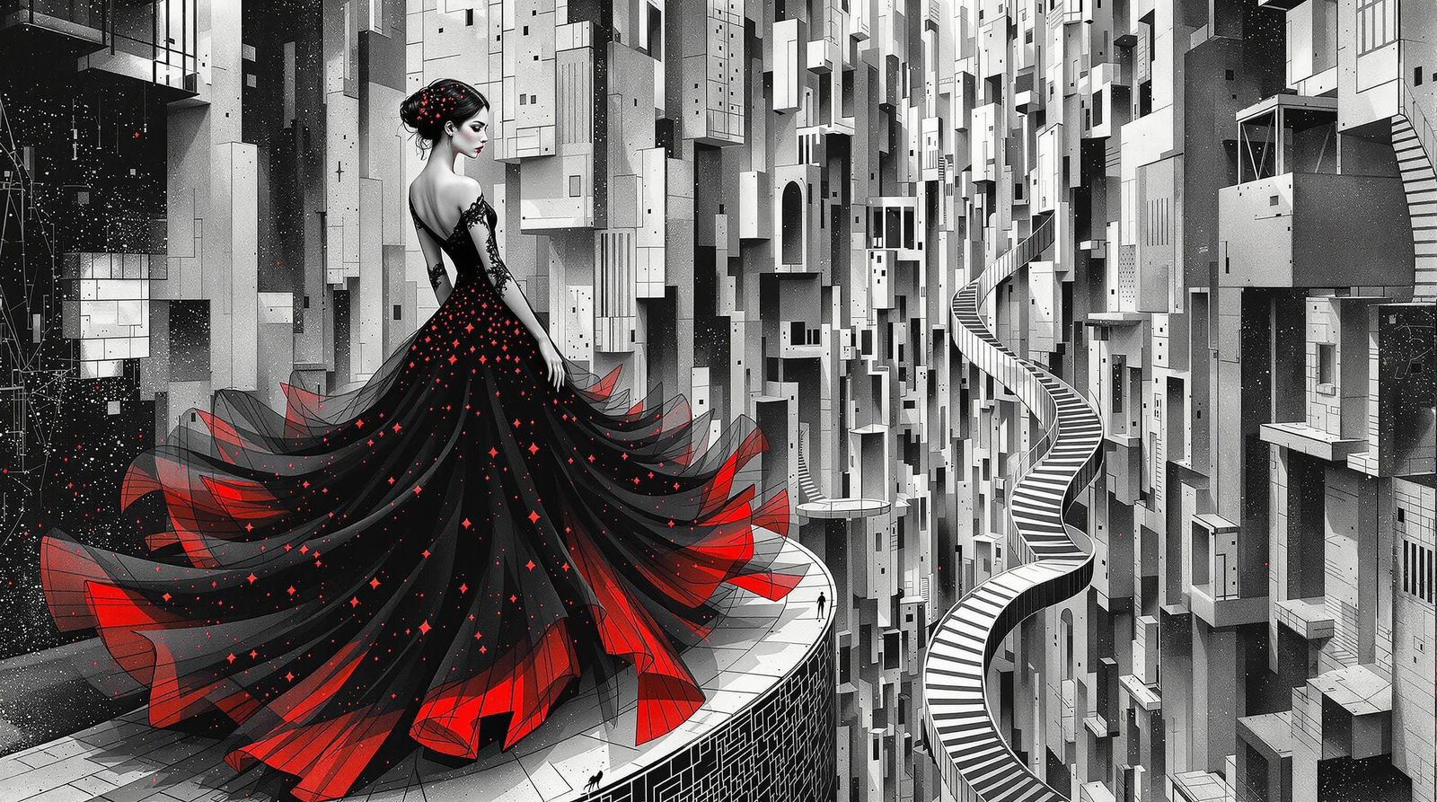Mysterious Woman in Dreamlike Cityscape with Escher-Inspired...