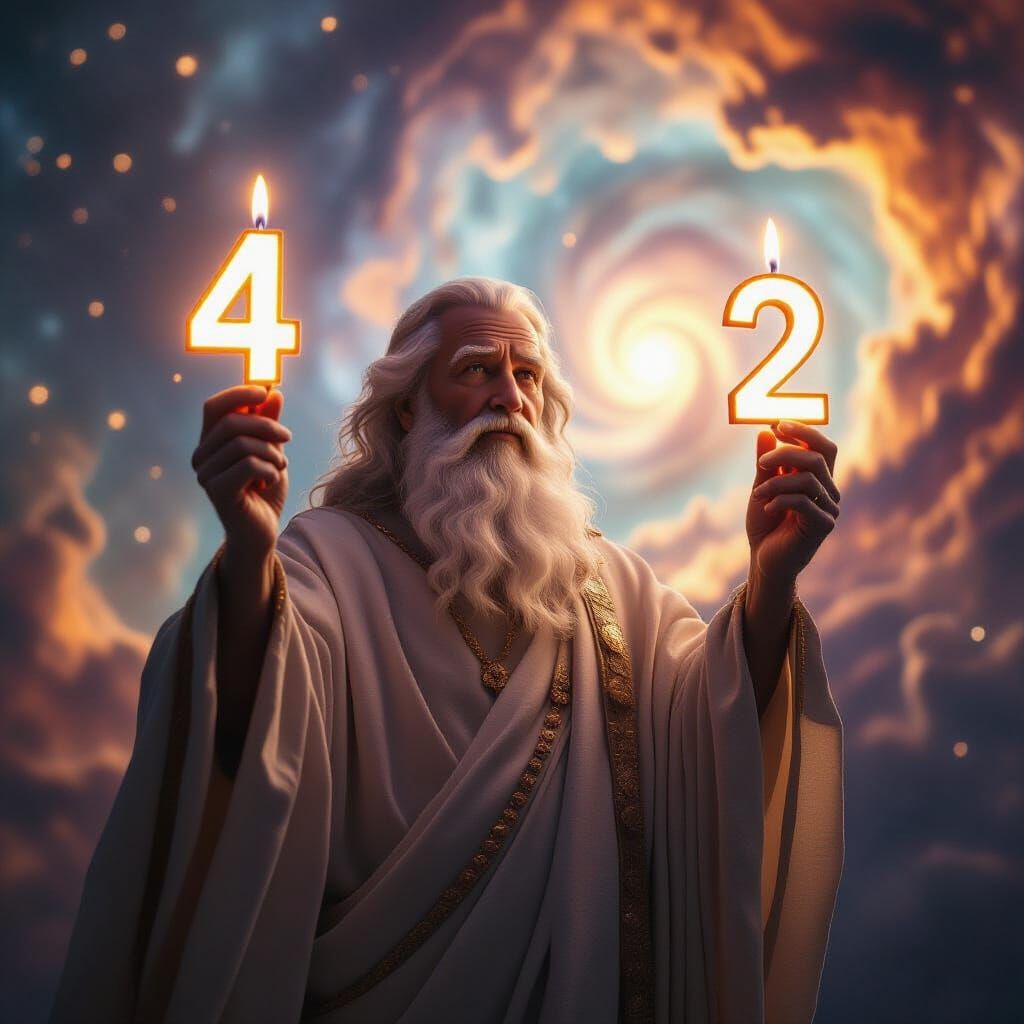 Divine Being Holds Birthday Candles 4 and 2