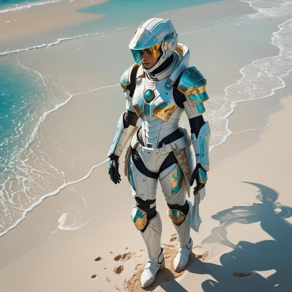 Woman in Atreides Armor on White Sand Beach