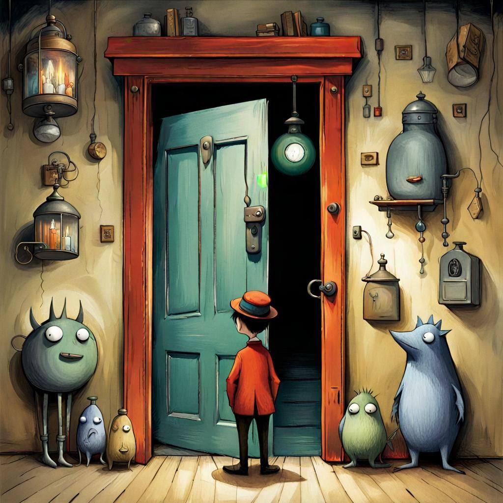 Underwater Bookcase with Grumpy Apple Ink Illustration