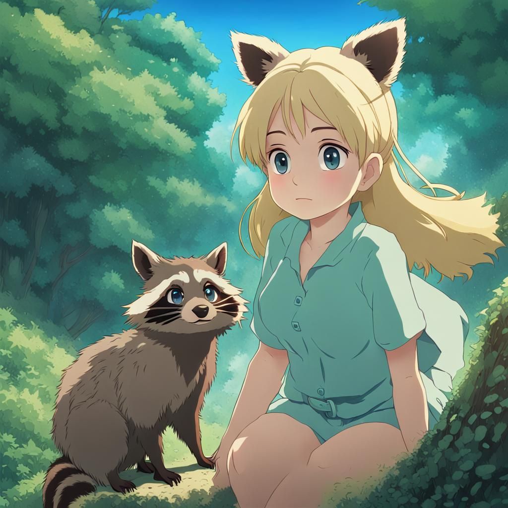 Anime Girl with Raccoon Ears, Ghibli Style