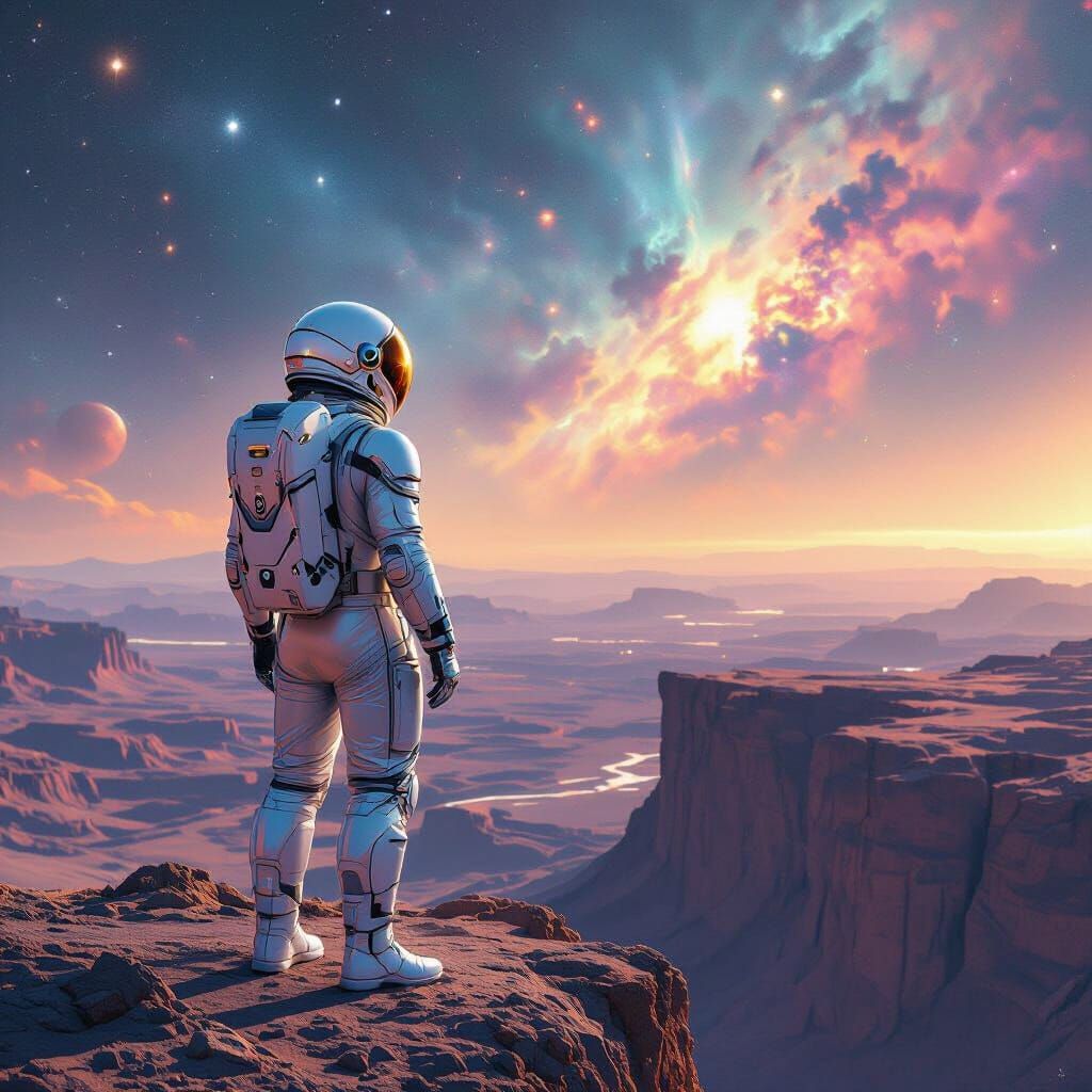 Astronaut Gazes at Nebula Horizon on Alien Planet