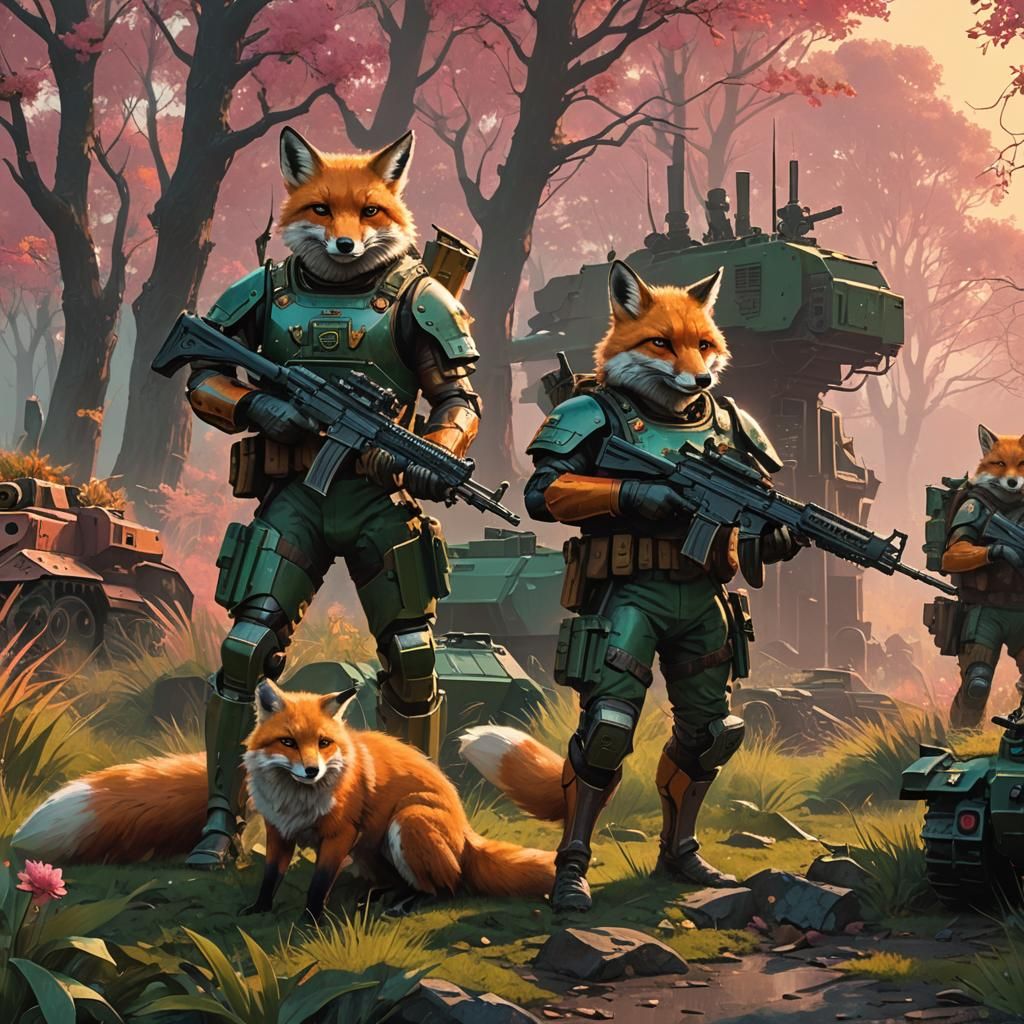 Armored Foxes with Machine Guns in Digital Art