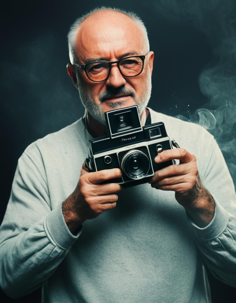 Artist Poses with Polaroid Camera on Film Set