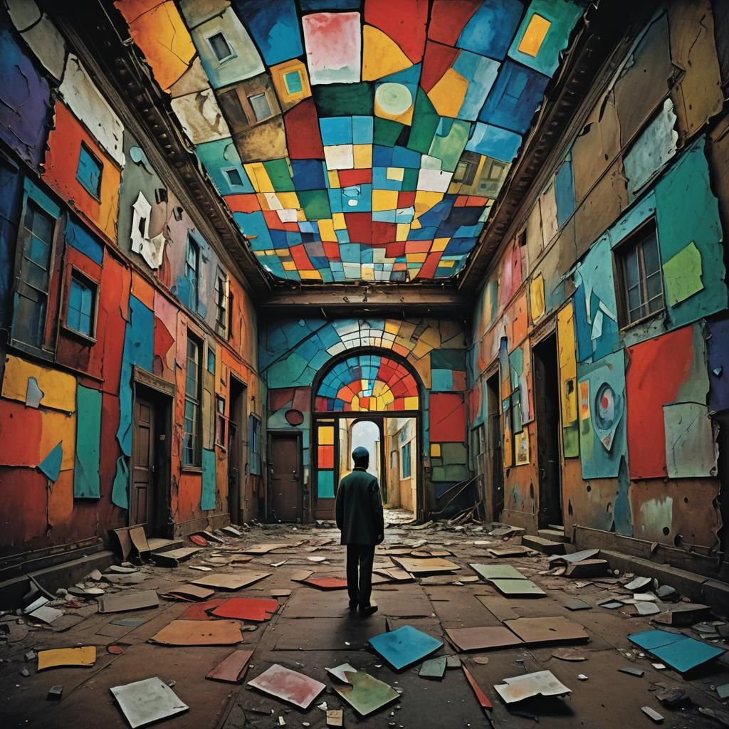 Lonely Figure in Surreal Abstract Cityscape