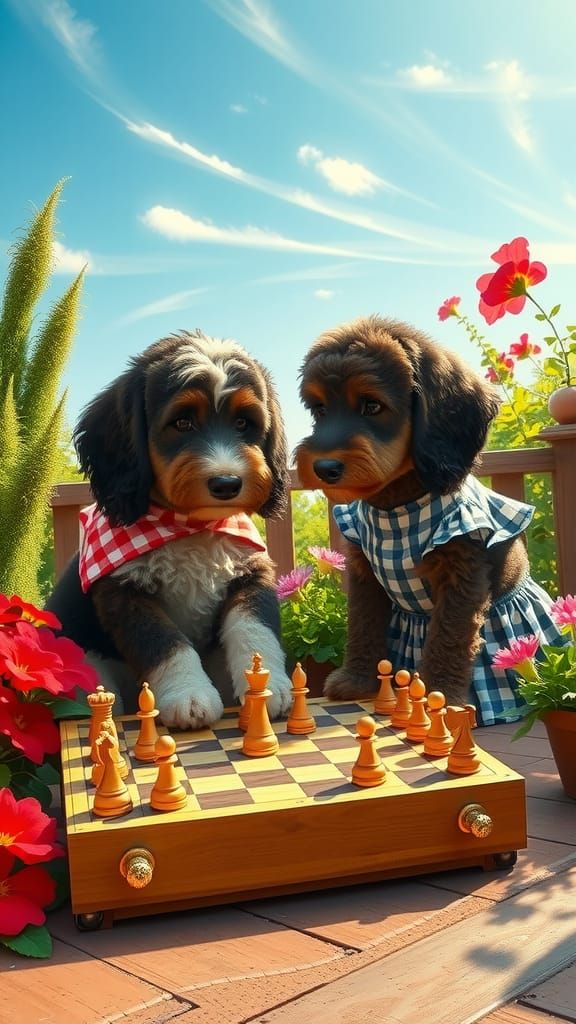 Charming Bernedoodles Engage in Chess Match in Sunlit Garden
