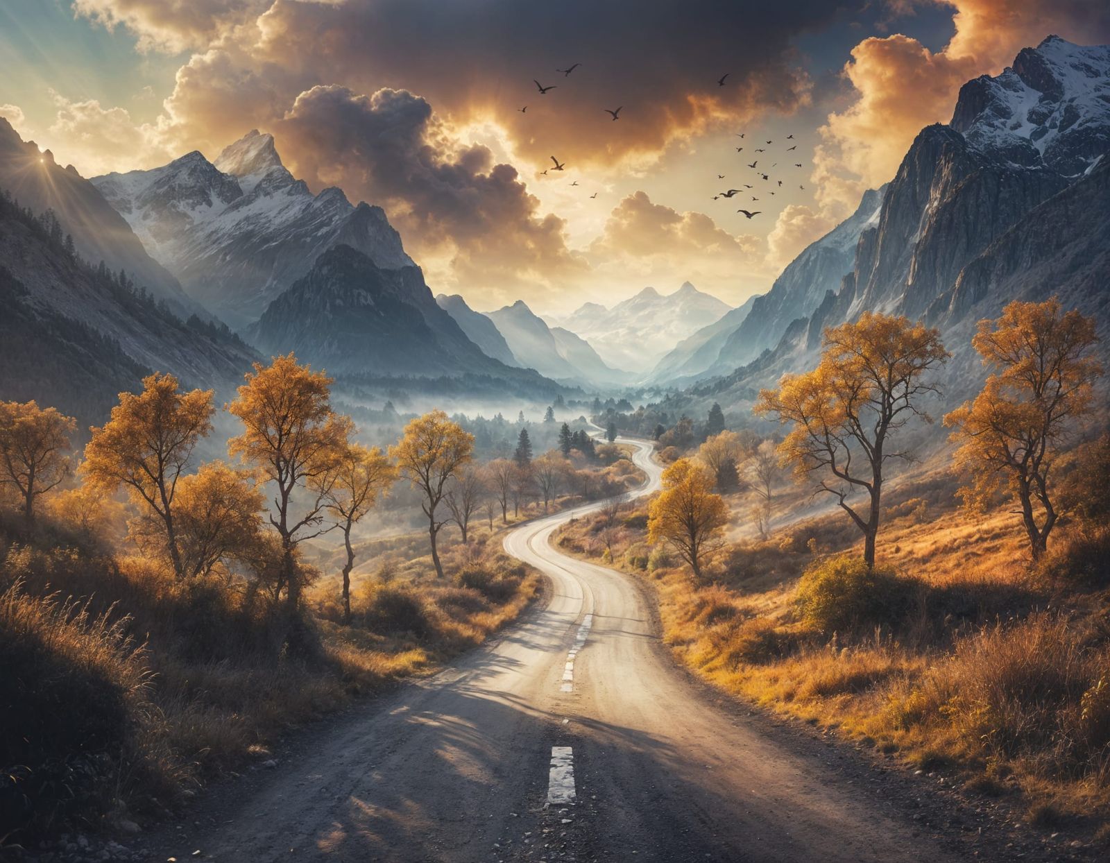 Serene Rural Landscape with Mountain and Heavenly Light