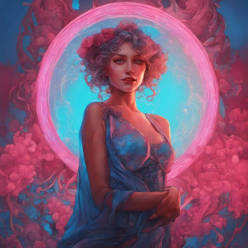 Woman in Bioluminescent Cyberpunk Dreamscape: Digital Art