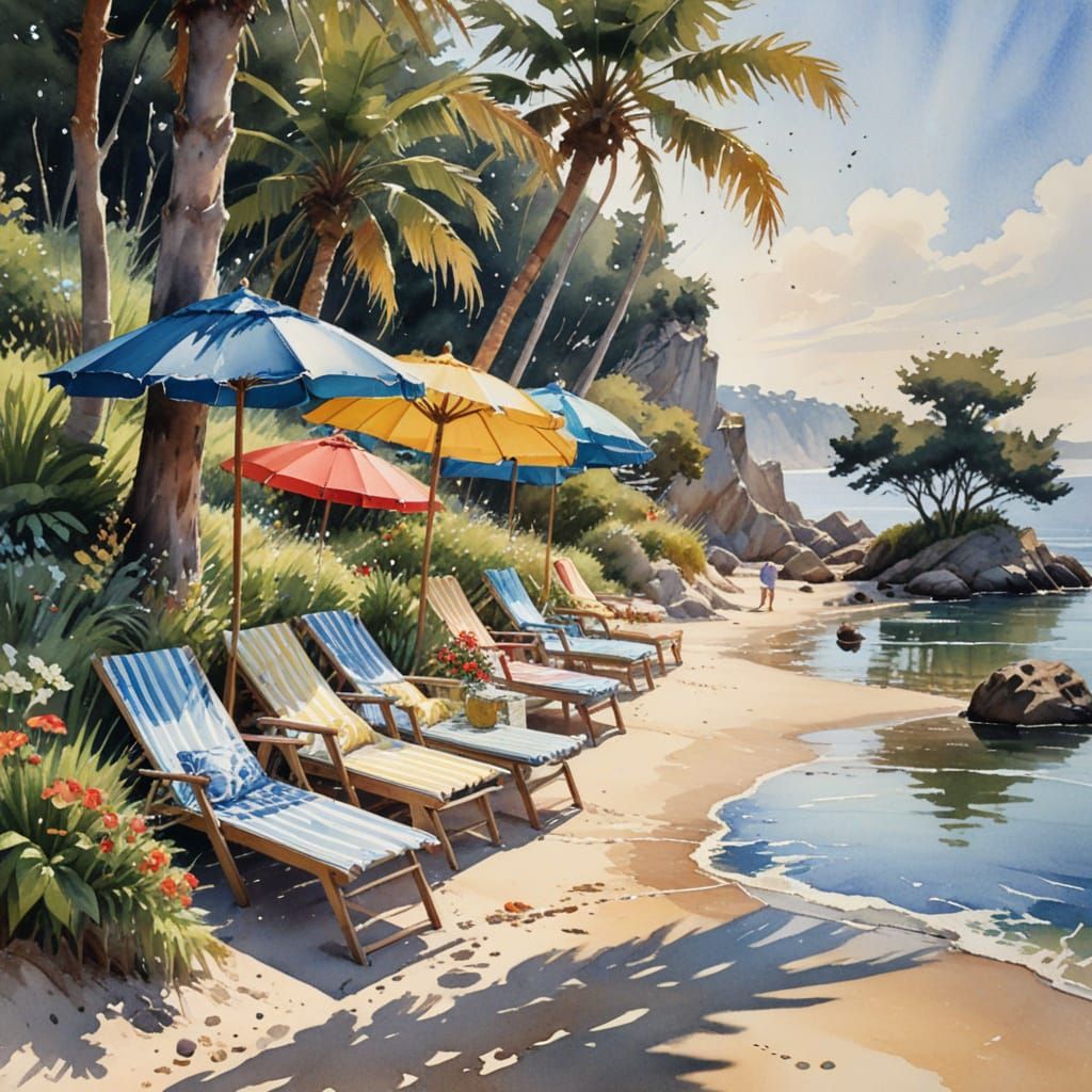 Sunlit Coastal Boardwalk in Wet-on-Wet Watercolour